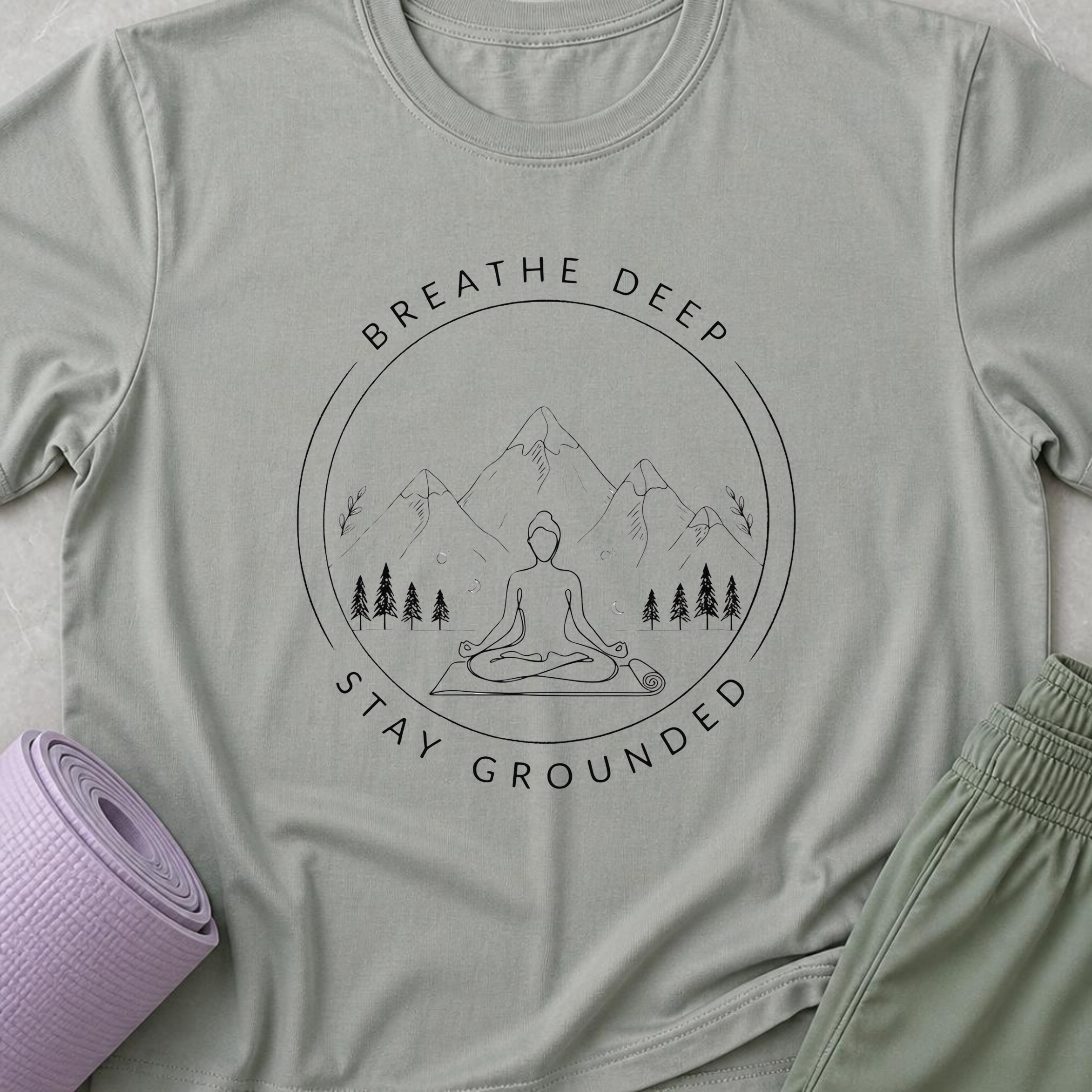Breathe Deep Stay Grounded Yoga Shirt, Mountain Meditation Tee, Minimalist Wellness T-Shirt, Mindfulness Gift.