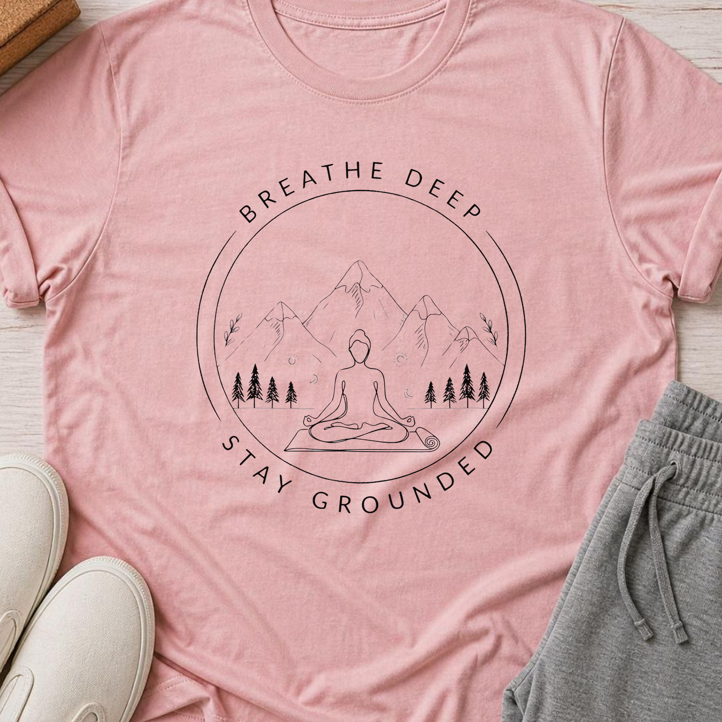 Breathe Deep Stay Grounded Yoga Shirt, Mountain Meditation Tee, Minimalist Wellness T-Shirt, Mindfulness Gift.