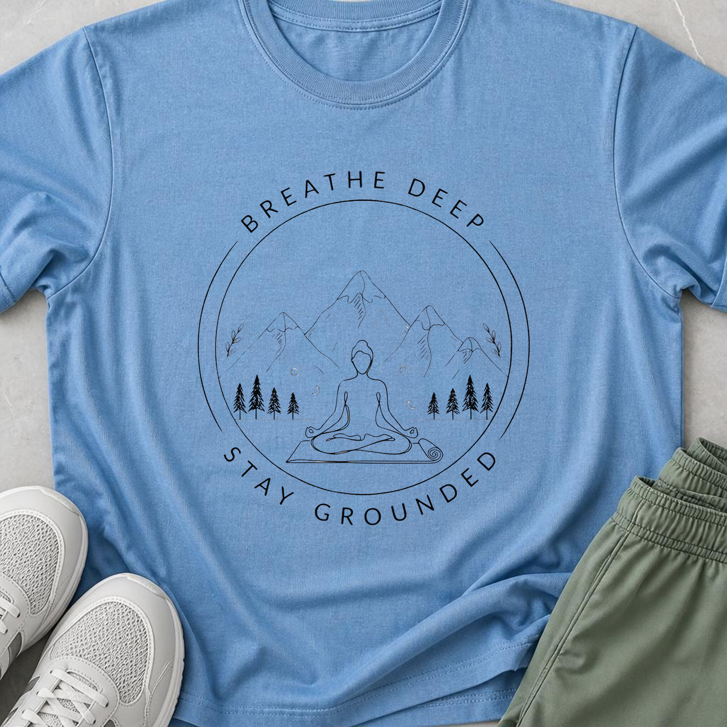 Breathe Deep Stay Grounded Yoga Shirt, Mountain Meditation Tee, Minimalist Wellness T-Shirt, Mindfulness Gift.