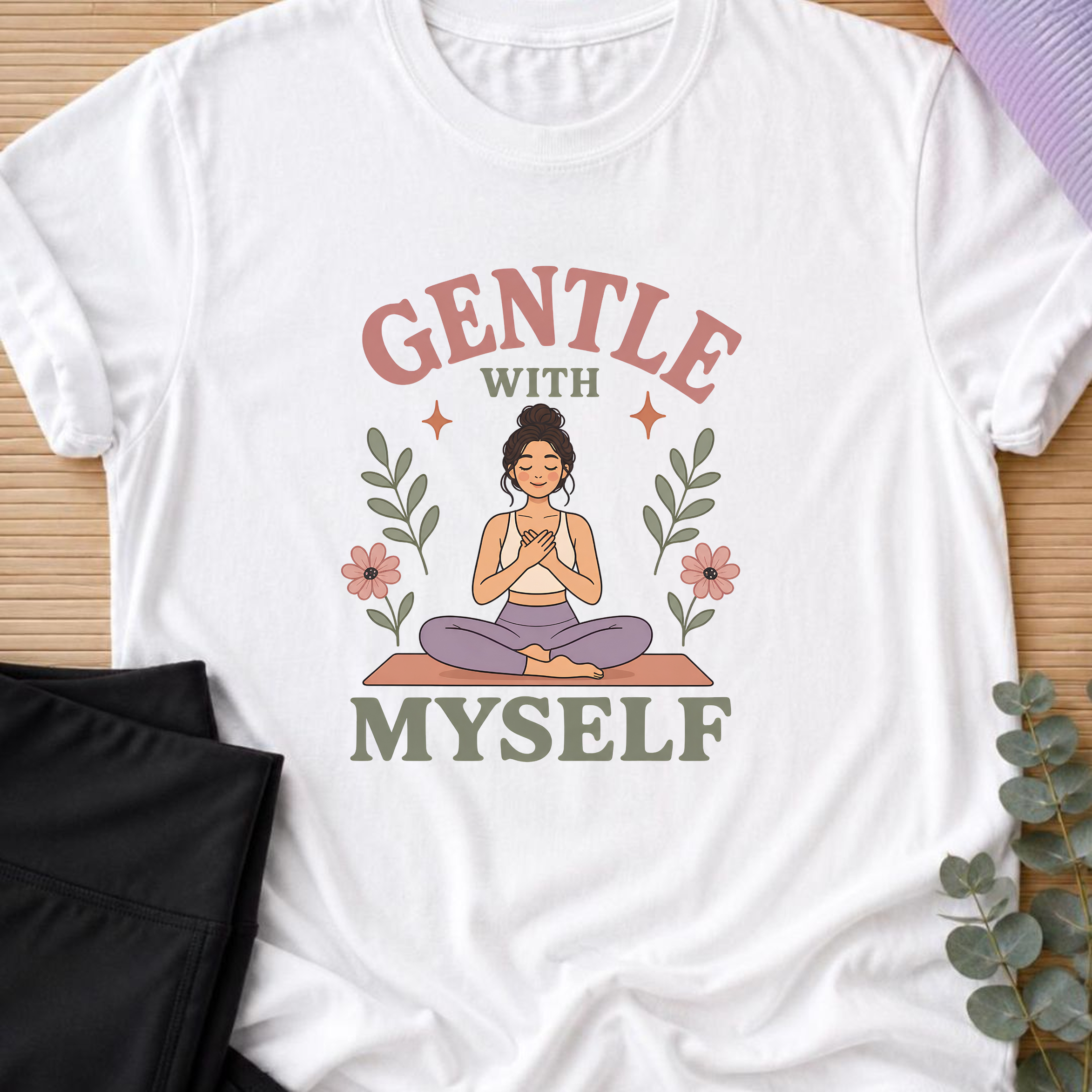 Gentle With Myself Yoga Shirt, Minimalist Meditation T-Shirt, Botanical Wellness Tee, Mindfulness Self Care Gift for Women, Boho.