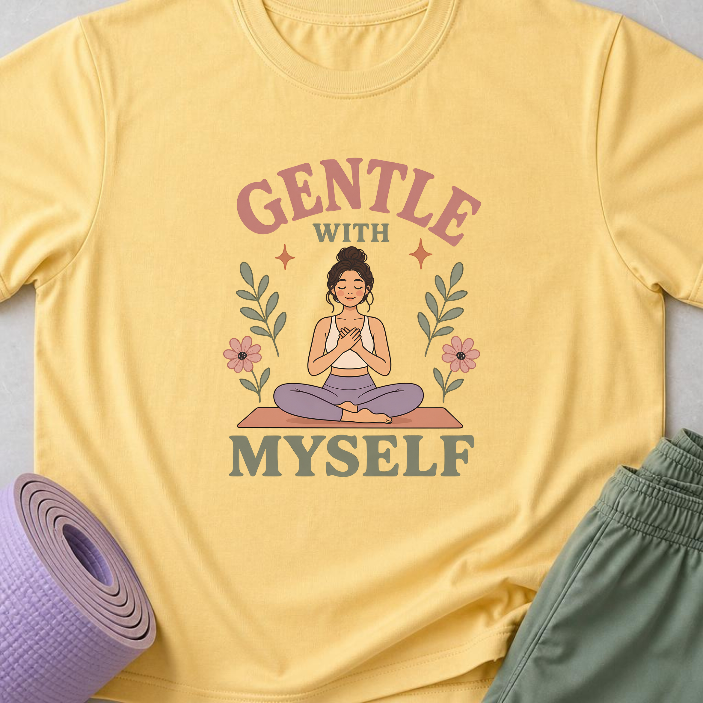 Gentle With Myself Yoga Shirt, Minimalist Meditation T-Shirt, Botanical Wellness Tee, Mindfulness Self Care Gift for Women, Boho.