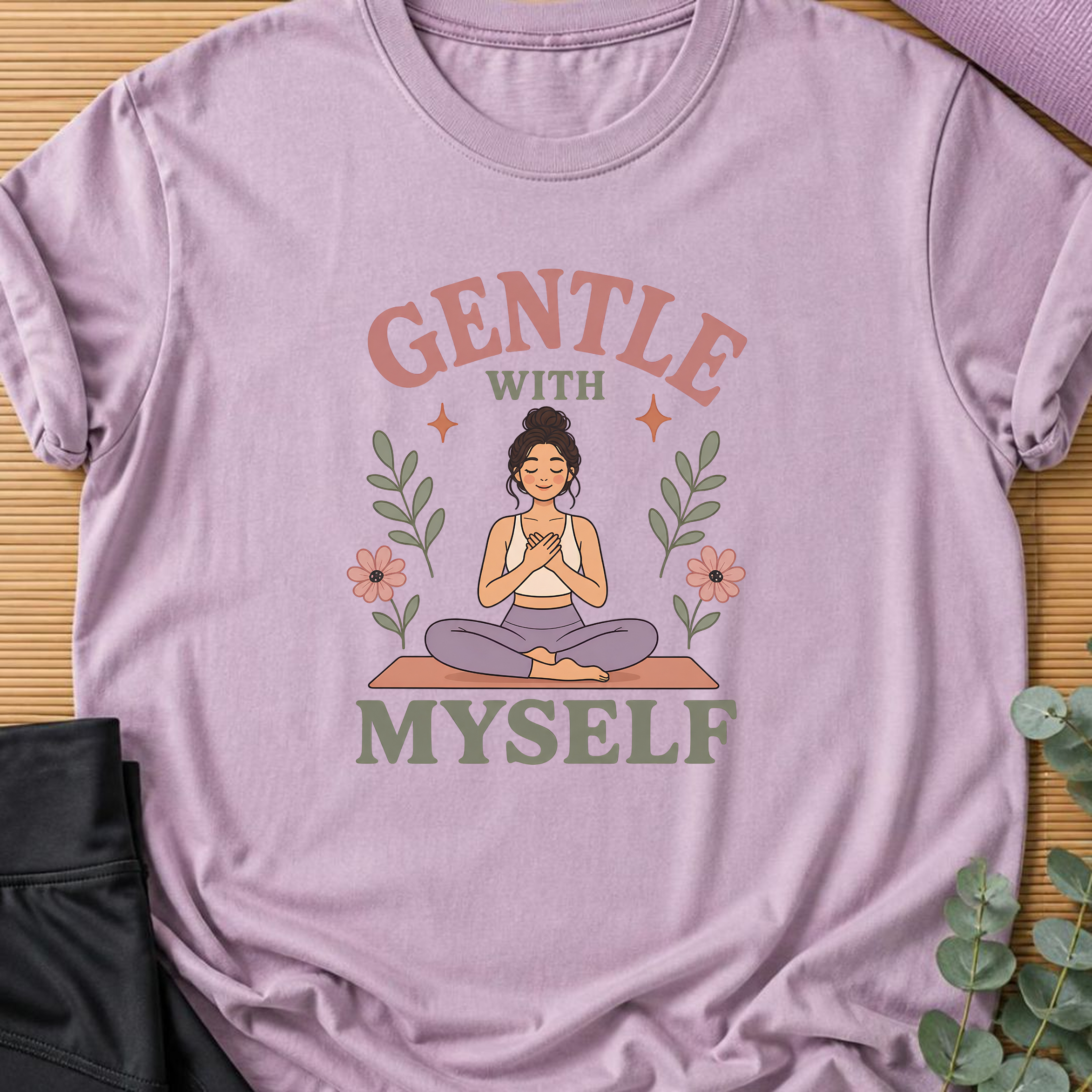 Gentle With Myself Yoga Shirt, Minimalist Meditation T-Shirt, Botanical Wellness Tee, Mindfulness Self Care Gift for Women, Boho.