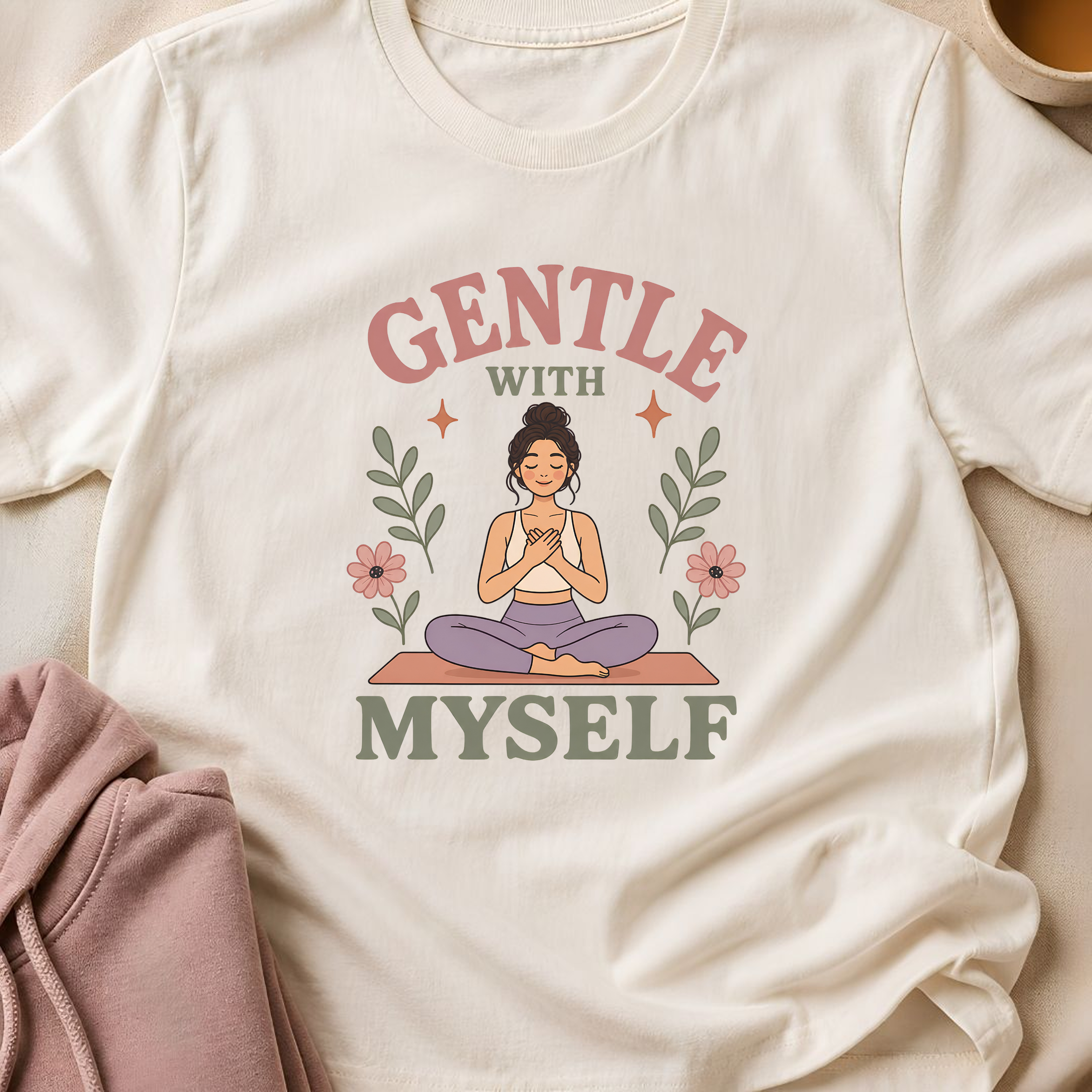 Gentle With Myself Yoga Shirt, Minimalist Meditation T-Shirt, Botanical Wellness Tee, Mindfulness Self Care Gift for Women, Boho.