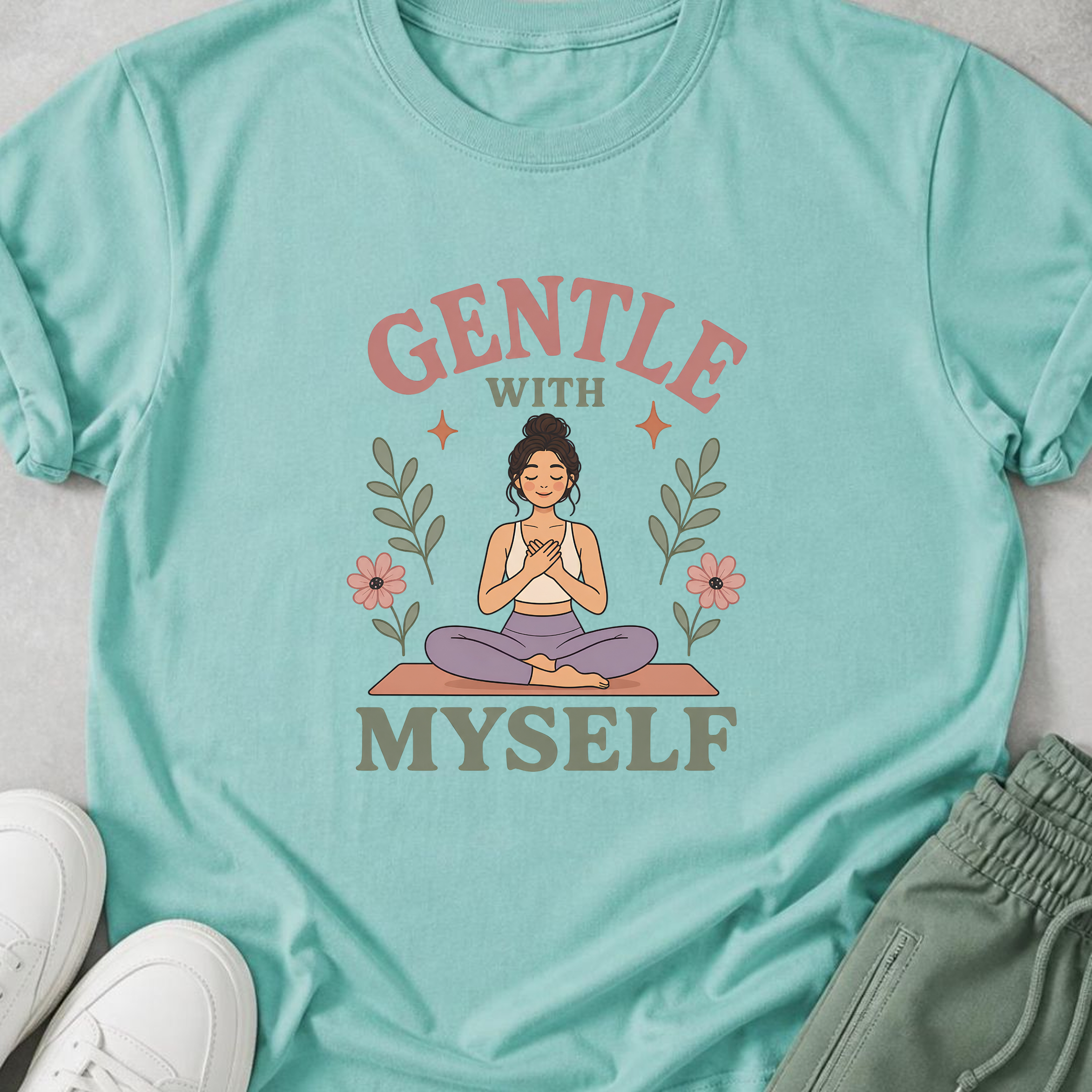 Gentle With Myself Yoga Shirt, Minimalist Meditation T-Shirt, Botanical Wellness Tee, Mindfulness Self Care Gift for Women, Boho.