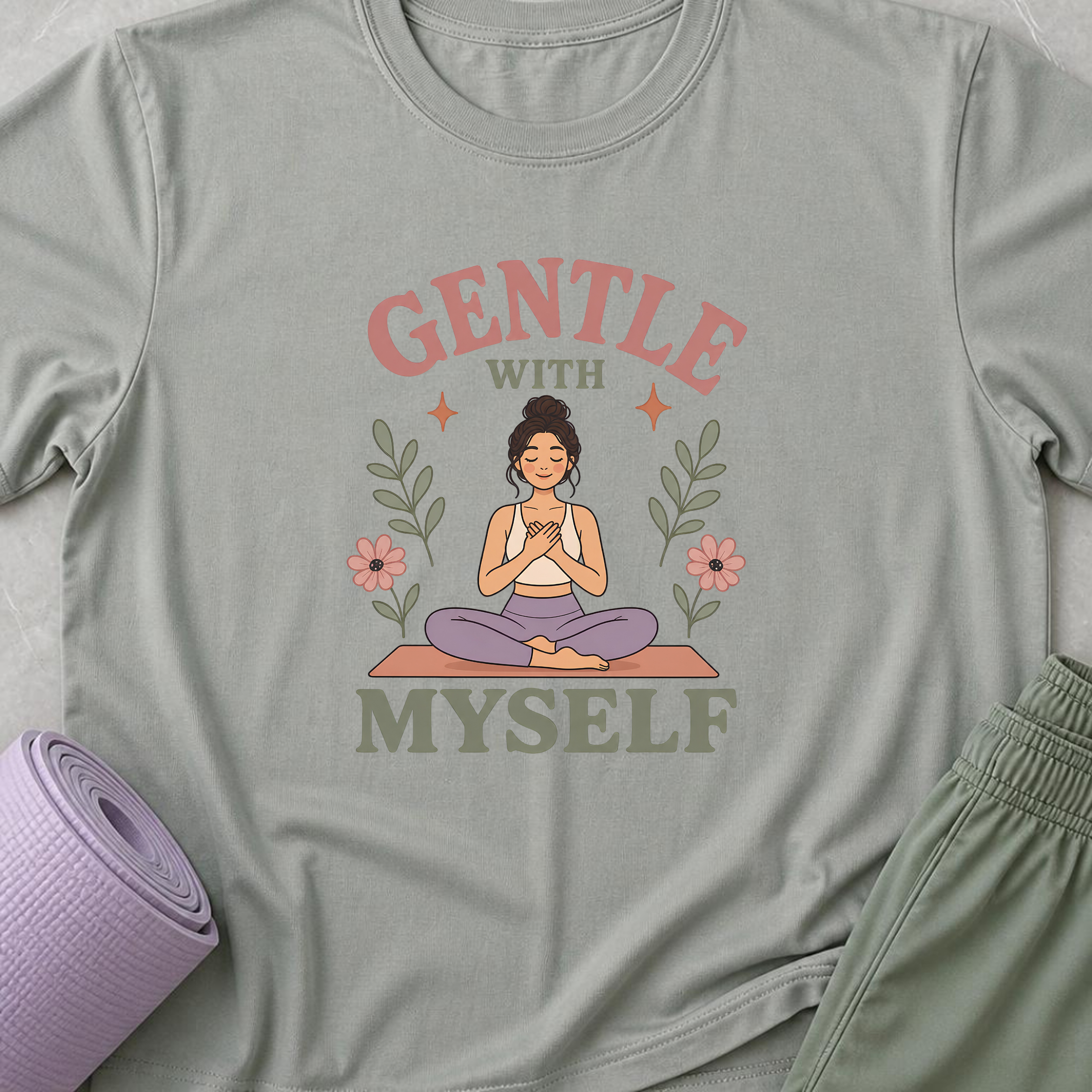 Gentle With Myself Yoga Shirt, Minimalist Meditation T-Shirt, Botanical Wellness Tee, Mindfulness Self Care Gift for Women, Boho.