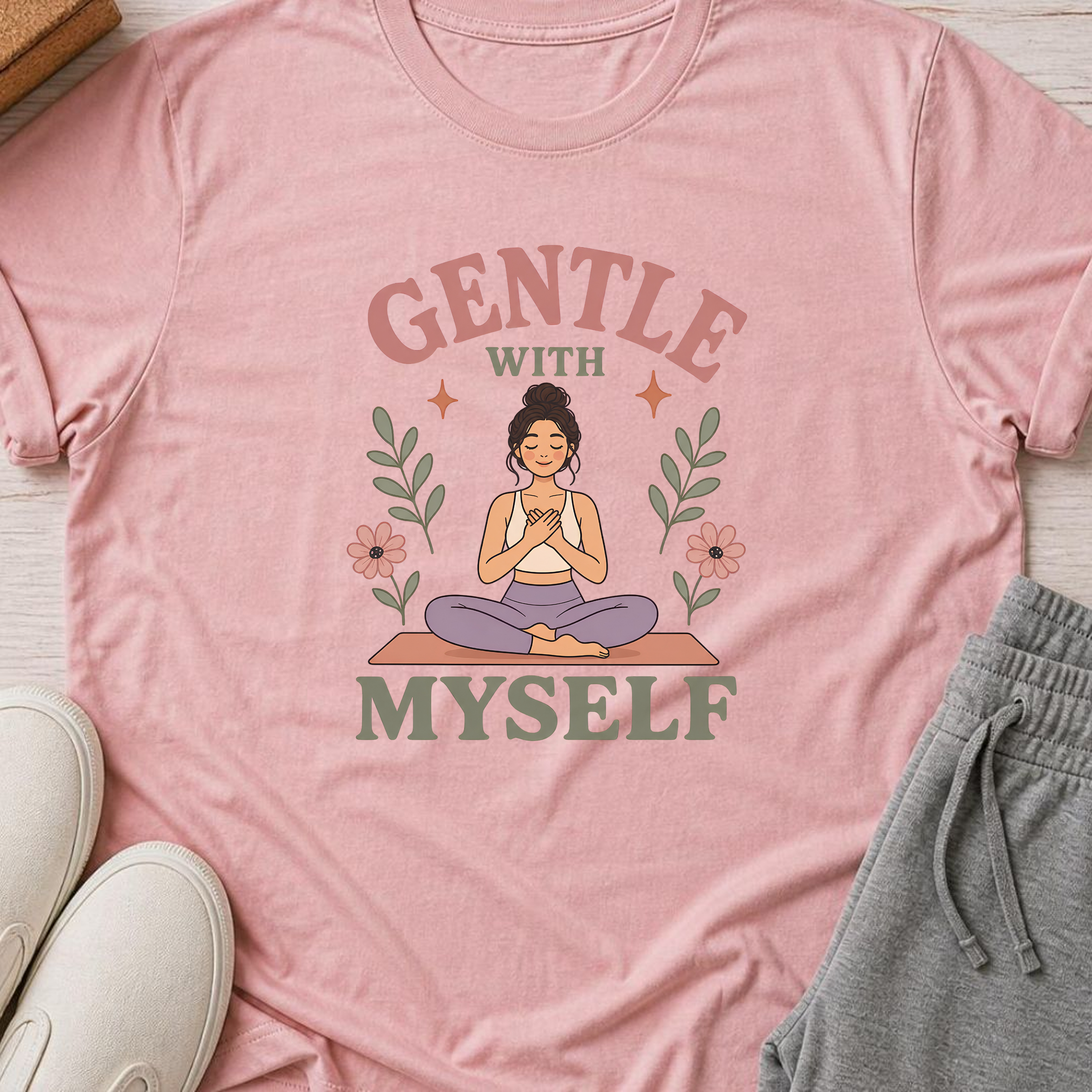 Gentle With Myself Yoga Shirt, Minimalist Meditation T-Shirt, Botanical Wellness Tee, Mindfulness Self Care Gift for Women, Boho.