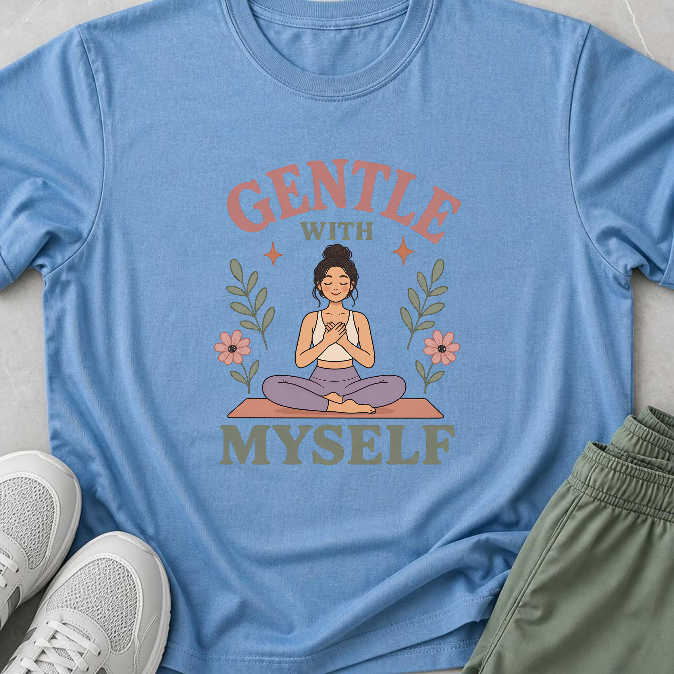 Gentle With Myself Yoga Shirt, Minimalist Meditation T-Shirt, Botanical Wellness Tee, Mindfulness Self Care Gift for Women, Boho.