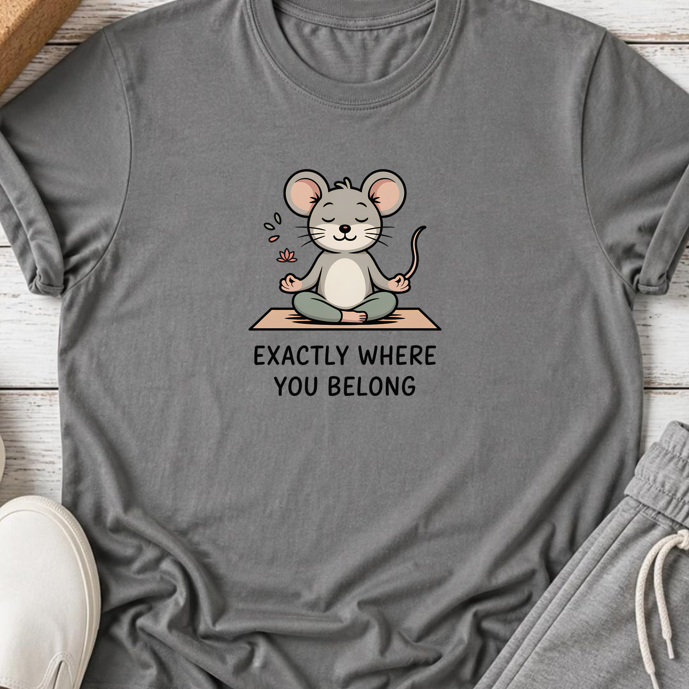 Exactly Where You Belong Yoga Shirt, Minimalist Meditating Mouse T-Shirt, Mindfulness Tee, Cute Wellness Gift for Women Yogi.