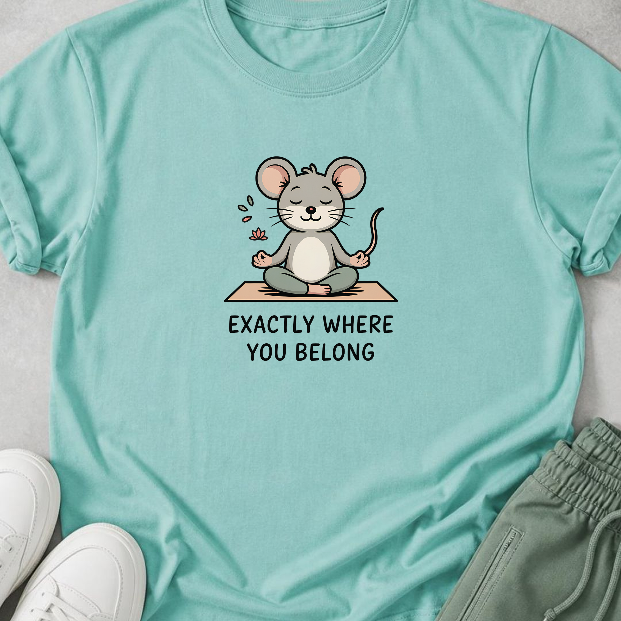 Exactly Where You Belong Yoga Shirt, Minimalist Meditating Mouse T-Shirt, Mindfulness Tee, Cute Wellness Gift for Women Yogi.