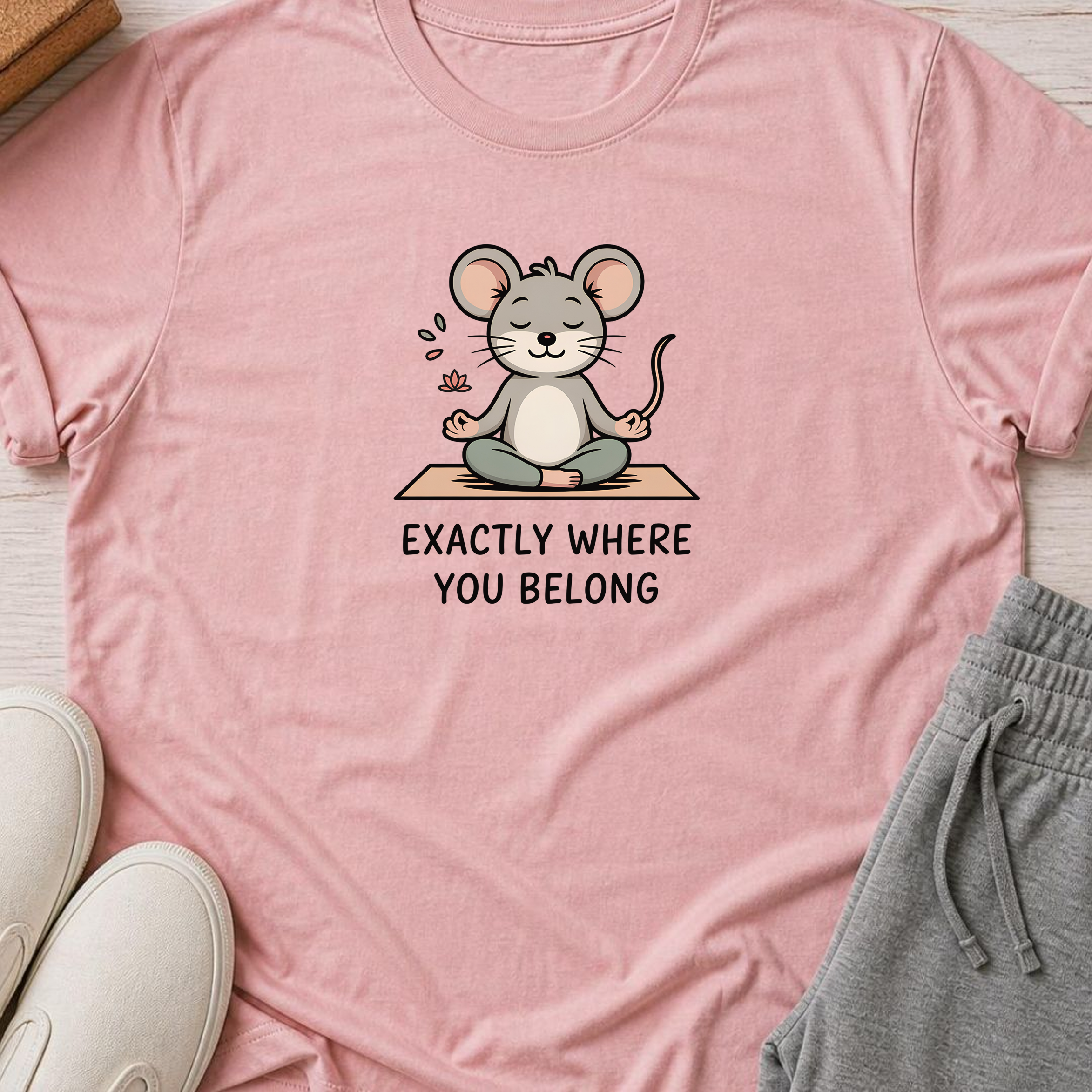 Exactly Where You Belong Yoga Shirt, Minimalist Meditating Mouse T-Shirt, Mindfulness Tee, Cute Wellness Gift for Women Yogi.