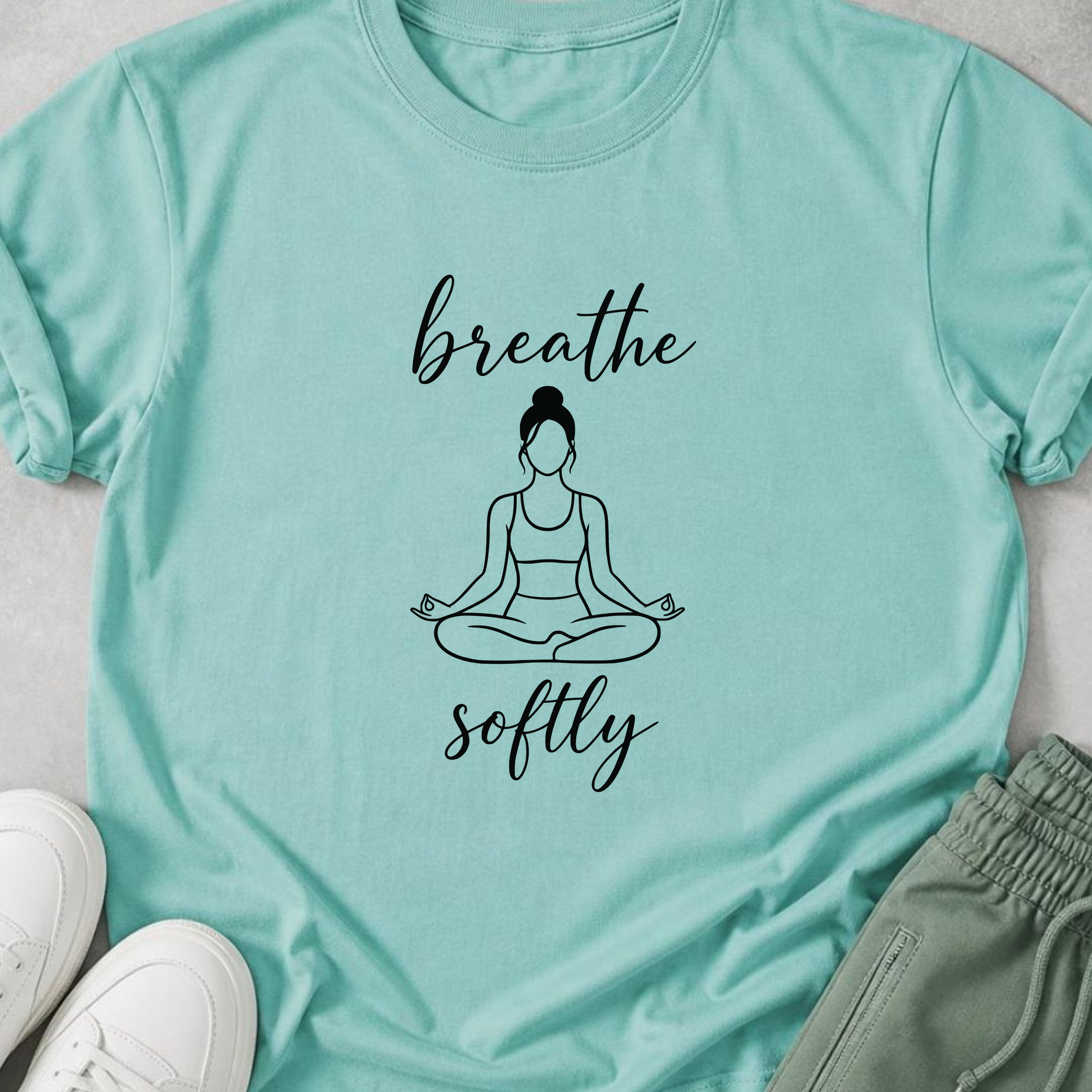 Breathe Softly Yoga Shirt, Minimalist Meditation Tee, Mindfulness Wellness T-Shirt, Peaceful Yoga Lover Gift.