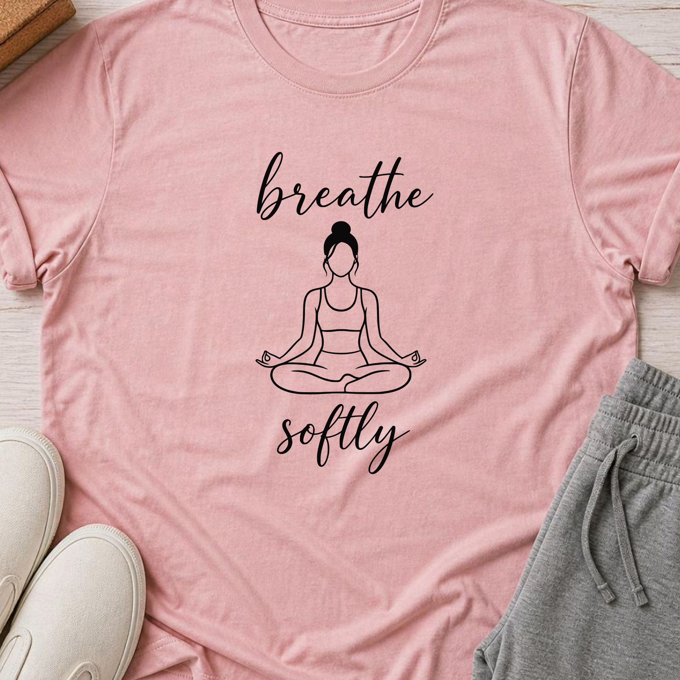 Breathe Softly Yoga Shirt, Minimalist Meditation Tee, Mindfulness Wellness T-Shirt, Peaceful Yoga Lover Gift.