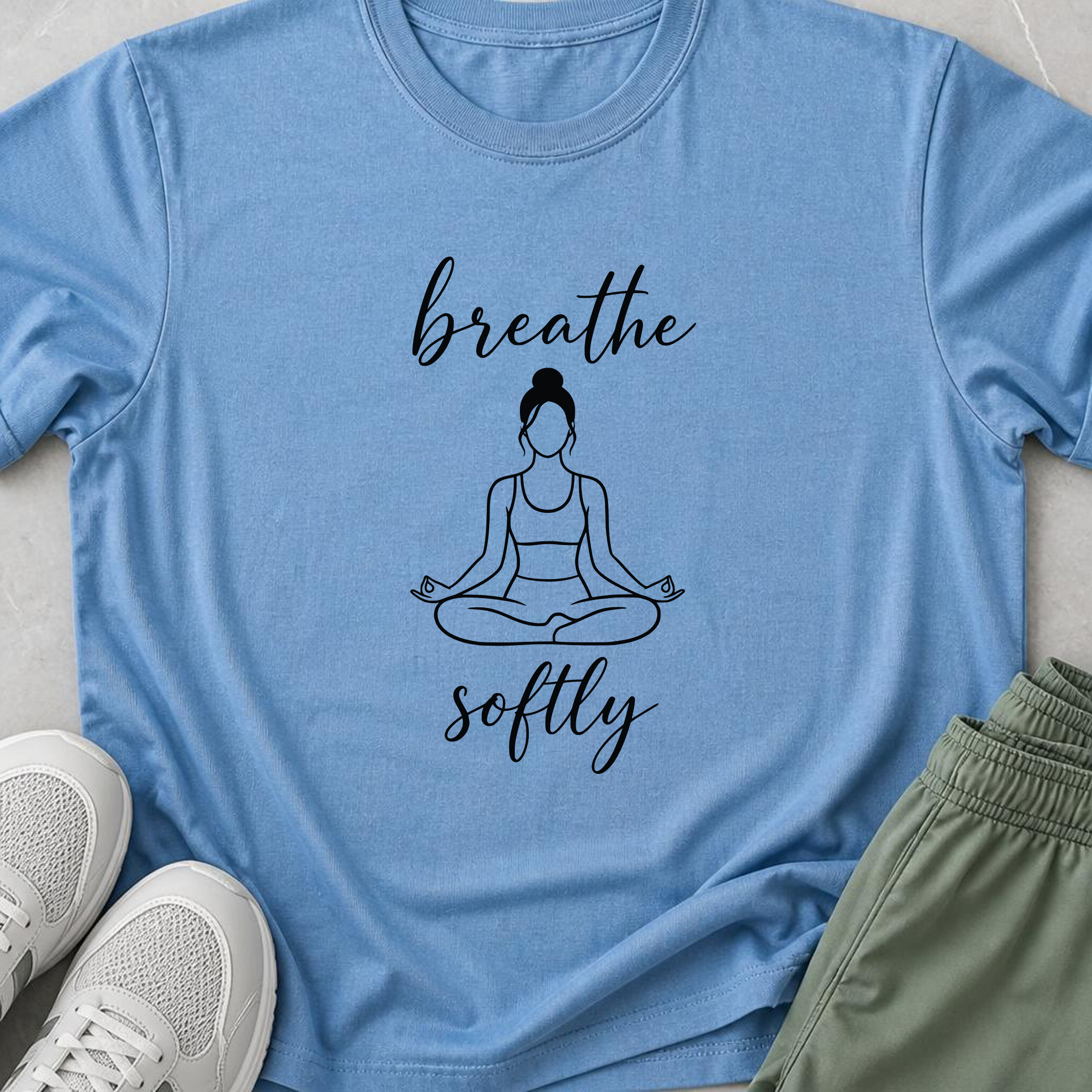 Breathe Softly Yoga Shirt, Minimalist Meditation Tee, Mindfulness Wellness T-Shirt, Peaceful Yoga Lover Gift.