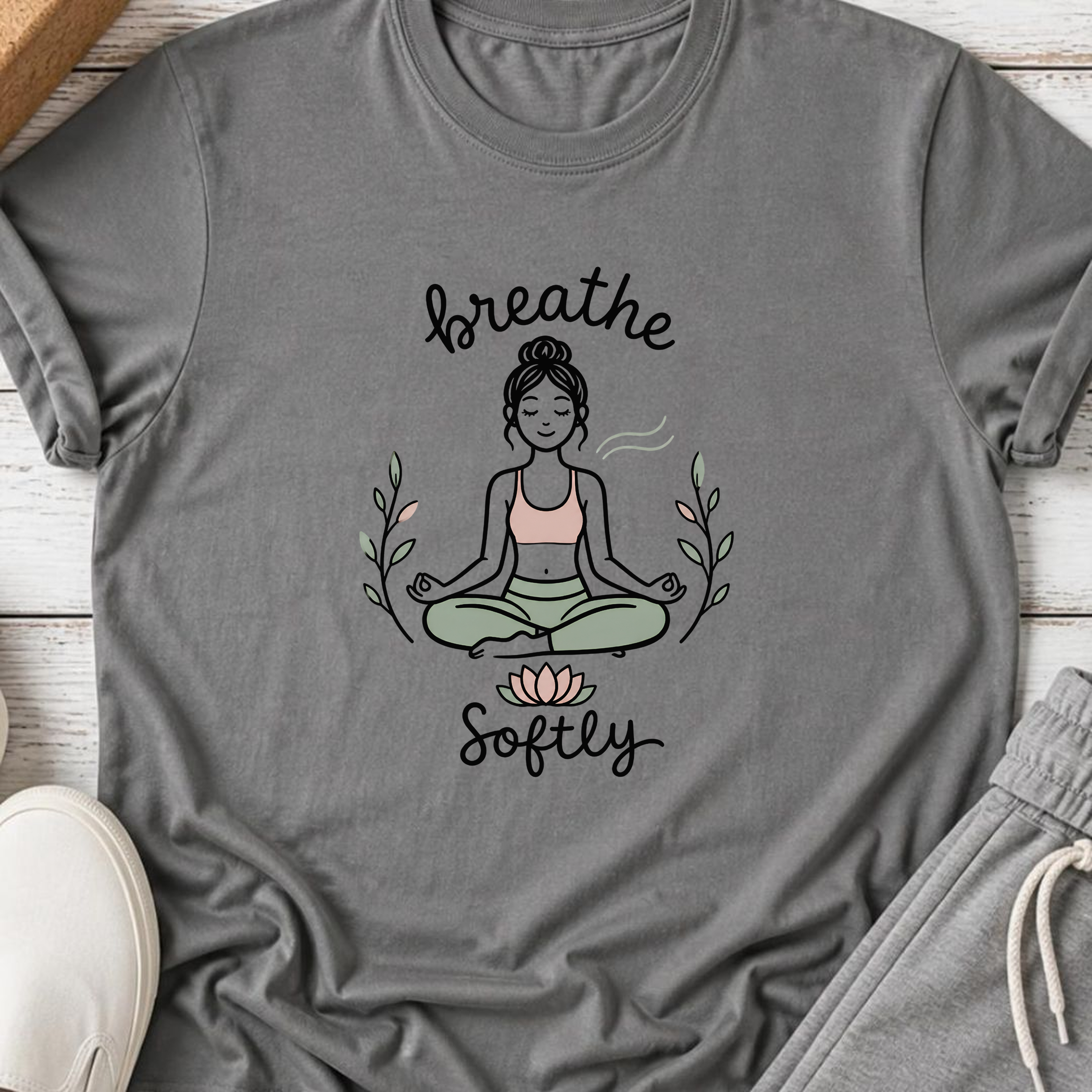 Breathe Softly Yoga Shirt, Meditation Tee, Mindfulness T-Shirt, Lotus Wellness Gift, Peaceful Yoga Lover Shirt.