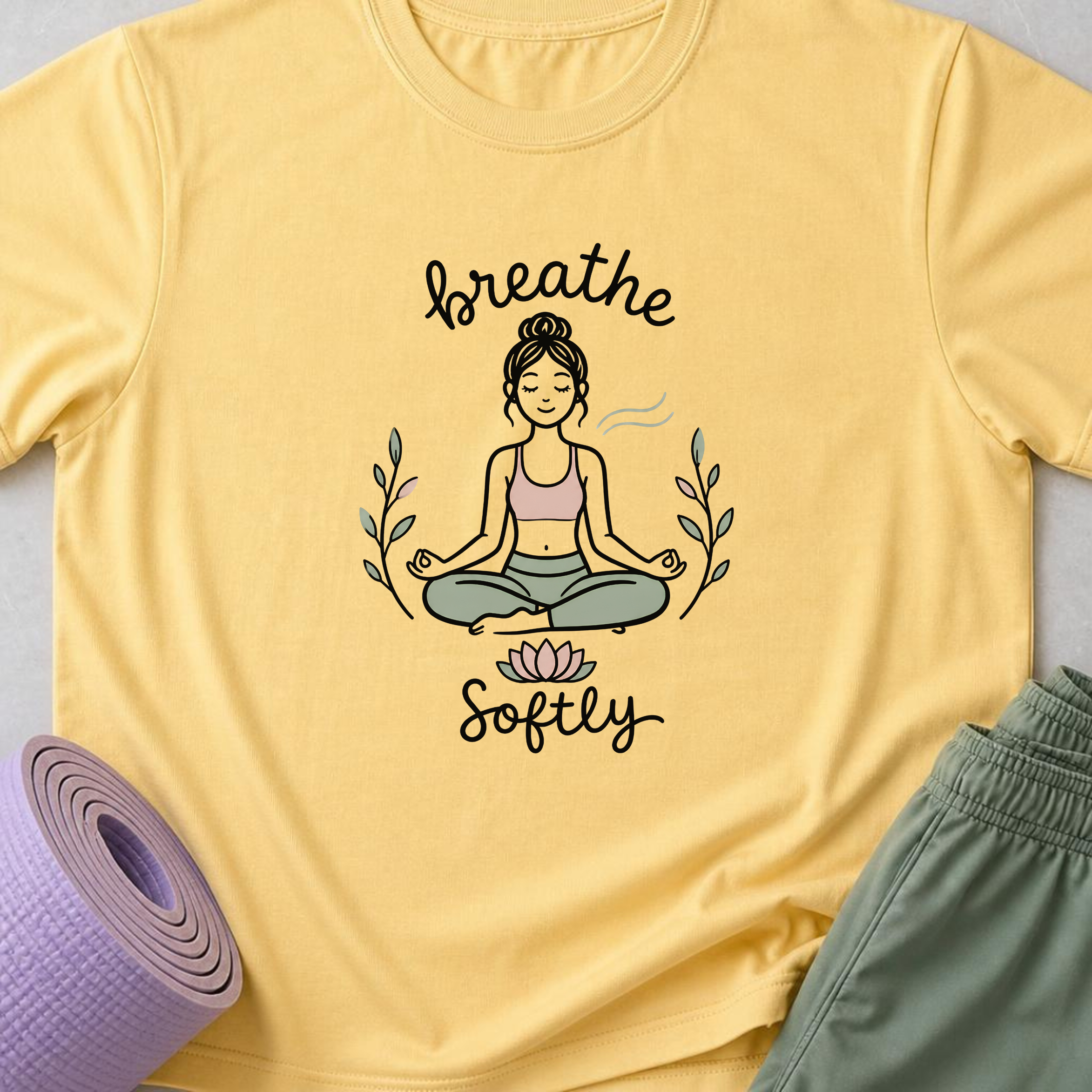 Breathe Softly Yoga Shirt, Meditation Tee, Mindfulness T-Shirt, Lotus Wellness Gift, Peaceful Yoga Lover Shirt.