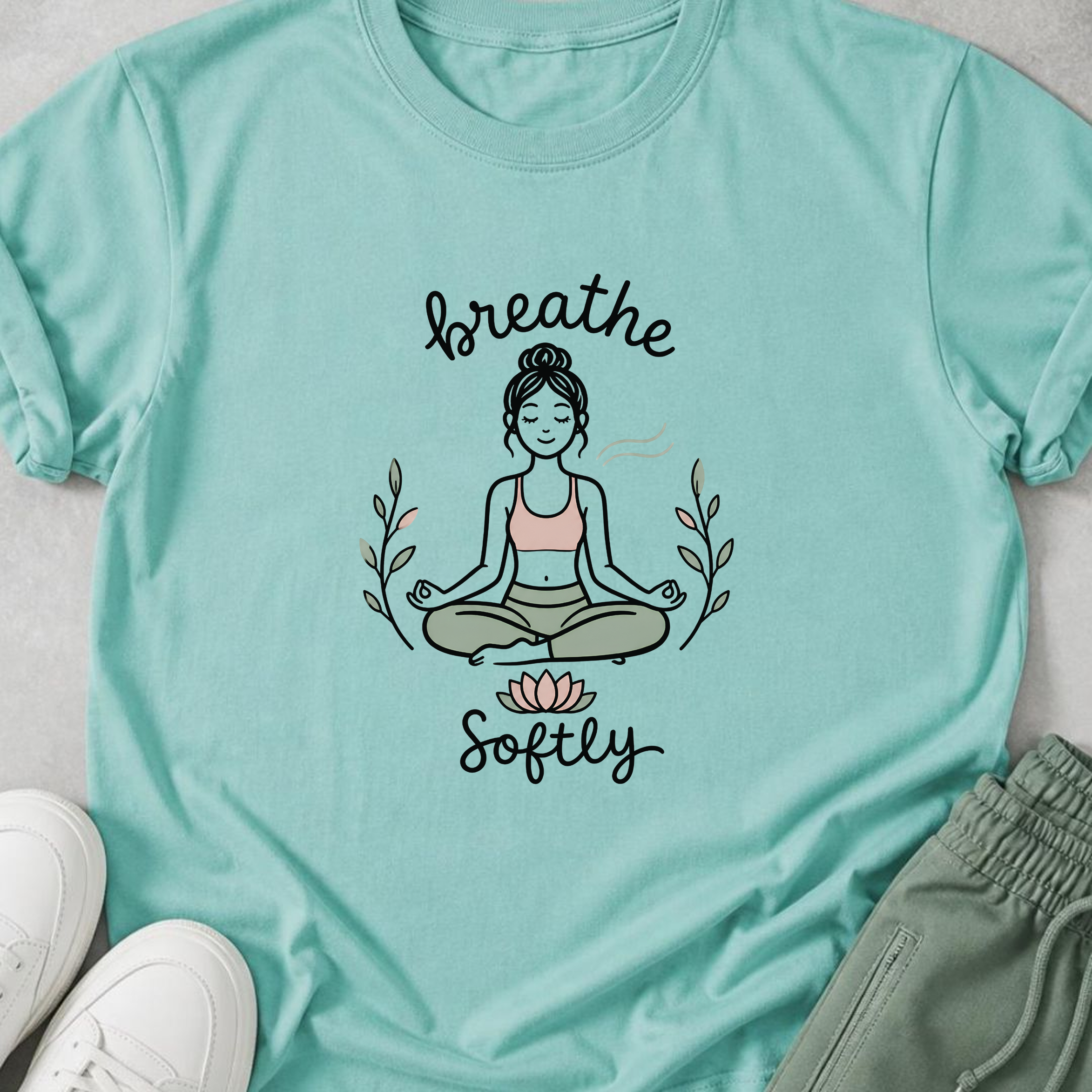 Breathe Softly Yoga Shirt, Meditation Tee, Mindfulness T-Shirt, Lotus Wellness Gift, Peaceful Yoga Lover Shirt.