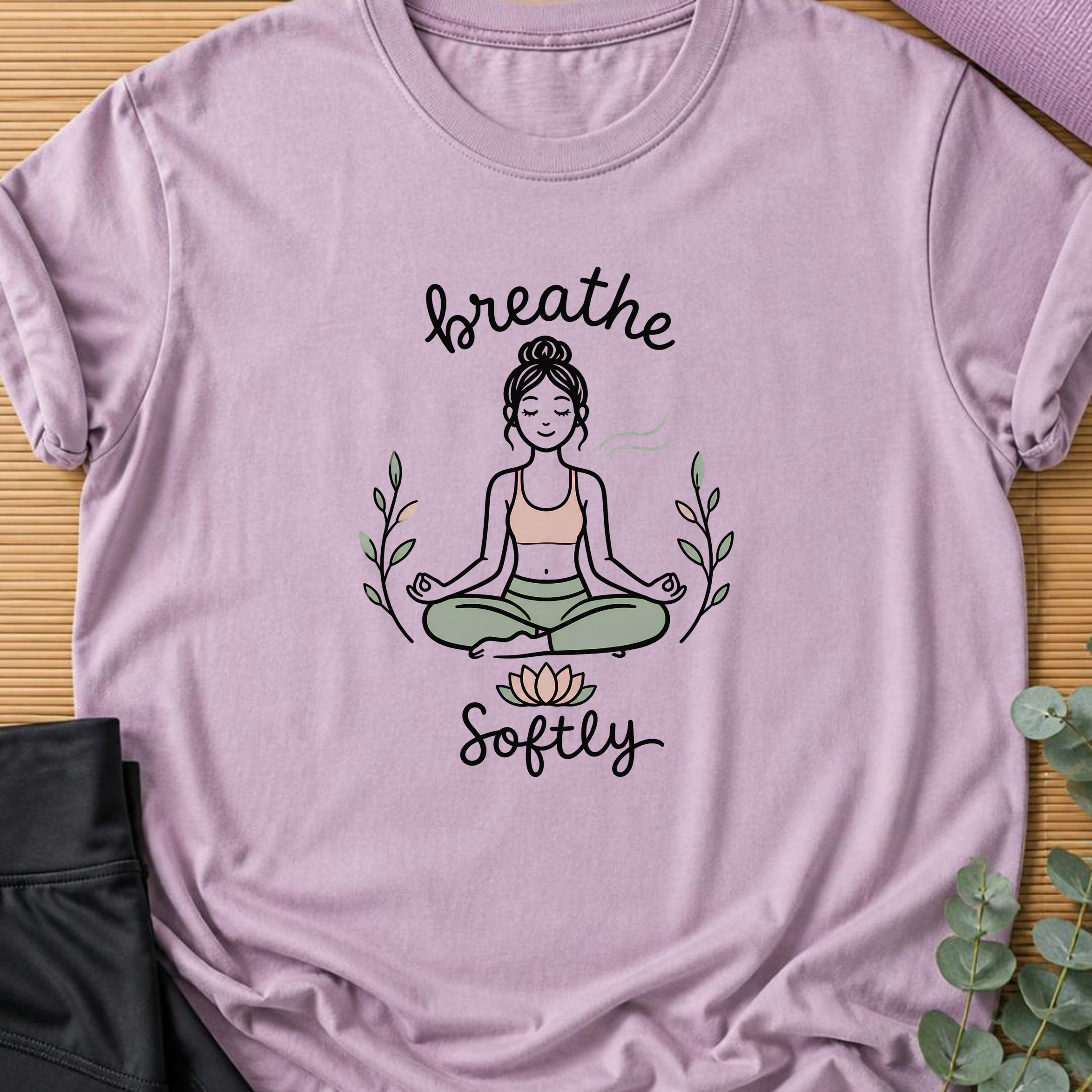 Breathe Softly Yoga Shirt, Meditation Tee, Mindfulness T-Shirt, Lotus Wellness Gift, Peaceful Yoga Lover Shirt.