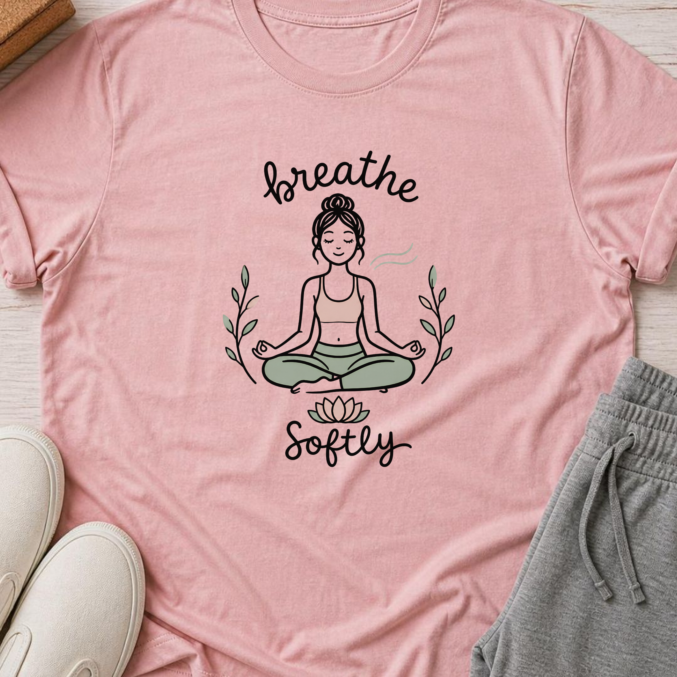 Breathe Softly Yoga Shirt, Meditation Tee, Mindfulness T-Shirt, Lotus Wellness Gift, Peaceful Yoga Lover Shirt.
